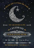 Stylized / Lacy, Man in the moon decorated with craters, swirls, and stars. Party Invitation with vintage decorative borders. Great for a moonlight madness sale, wedding, or any night time event.
