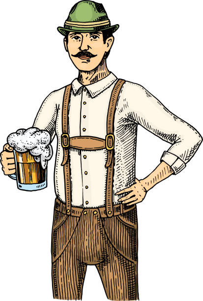 ein mann in belgien oder bayerische tracht mit bier. graviert in tinte handgezeichnete im alten skizze und vintage-stil für web oder pub-menü. gestaltung des oktoberfest - oktoberfest stock-grafiken, -clipart, -cartoons und -symbole