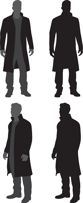 Vector silhouettes of a man standing in a trench coat. vector