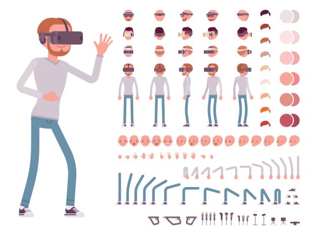 mann in virtual-reality-kopfhörer. schöpfung-zeichensatz - vr brille stock-grafiken, -clipart, -cartoons und -symbole