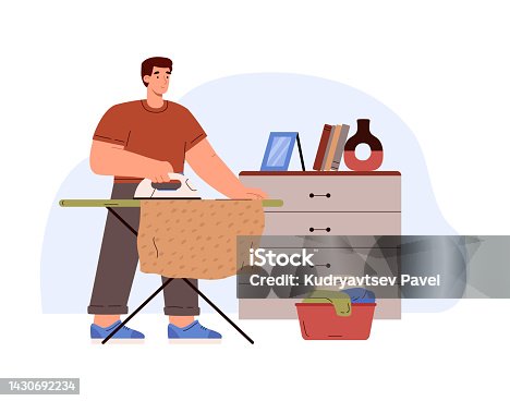istock Man ironing clothes after laundry flat cartoon vector illustration isolated. 1430692234
