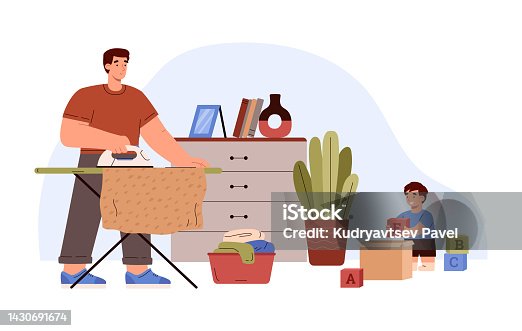 istock Man ironing clothes and watching after child flat vector illustration isolated. 1430691674