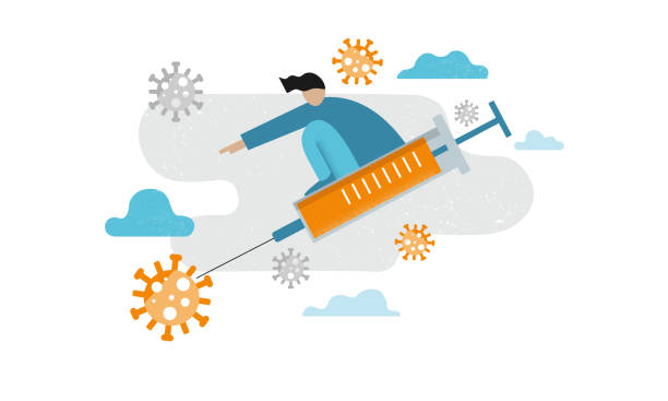 Man is flying on a big syringe in the sky, among the clouds. vector art illustration