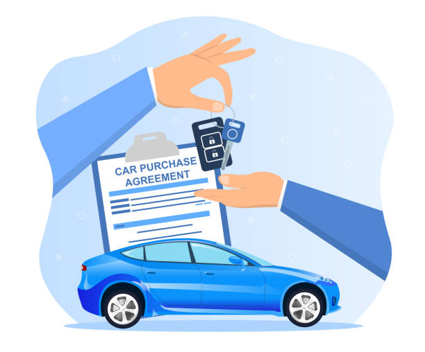Man is giving keys to customer who just bought a car Man is giving keys to customer who just bought a car. Concept of car purchase agreement. Man spent a lot of money on new blue car. Flat cartoon vector illustration used car sale stock illustrations