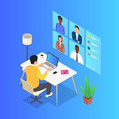 A man is holding a video conference with his colleagues. Remote work, communication via the Internet. Isometric vector illustration.