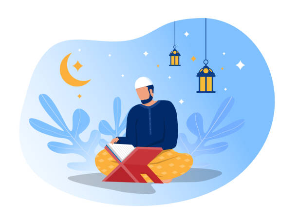 man is reading Al Quran on night Ramadan day on blue background vector illustrator. vector art illustration