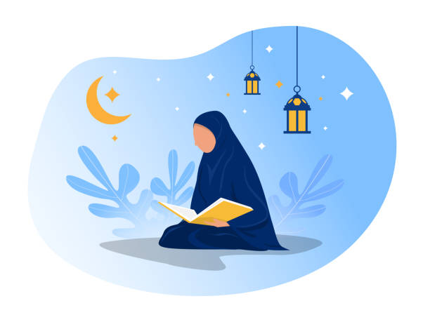 man is reading Al Quran on night Ramadan day on blue background vector illustrator. vector art illustration