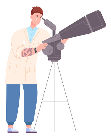Man looking in telescope. Astronomy research. Scientist character isolated on white background