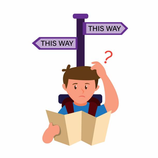 man looking map confusing choose way with road sign cartoon for and vector