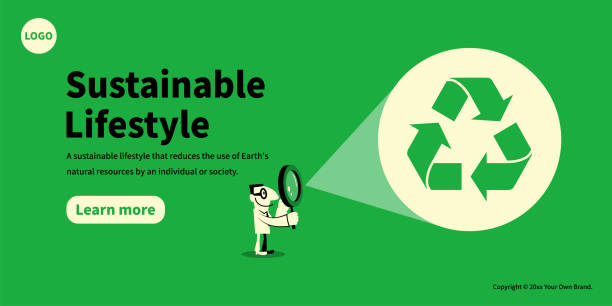 A man looks at the Recycling symbol through a Magnifying Glass, the concept of sustainability, and environmental protection vector art illustration