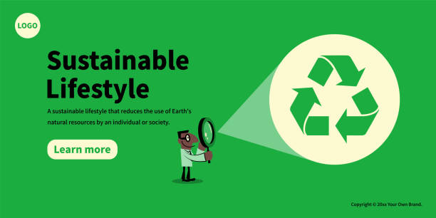 A man looks at the Recycling symbol through a Magnifying Glass, the concept of sustainability, and environmental protection vector art illustration