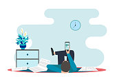 Man lying on floor and watching news on smartphone at home, white background. Vector illustration in flat style