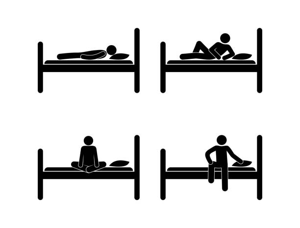 man lying on the bed, stick figure pictogram, illustration of people in the bedroom man lying on the bed, stick figure pictogram, human silhouette, illustration of people in the bedroom bedroom silhouettes stock illustrations