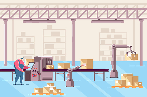 Man managing conveyor in warehouse flat vector illustration