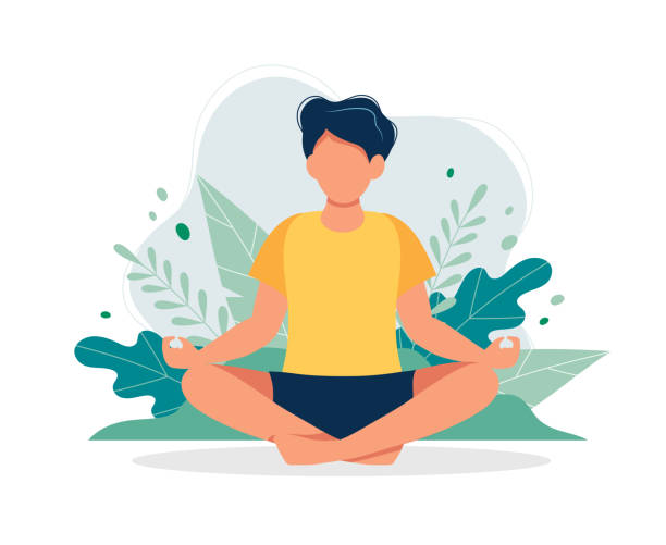 człowiek medytujący w przyrodzie i odchodzi. ilustracja koncepcyjna do jogi, medytacji, relaksu, rekreacji, zdrowego stylu życia. ilustracja wektorowa w płaskim stylu kreskówki - yoga stock illustrations