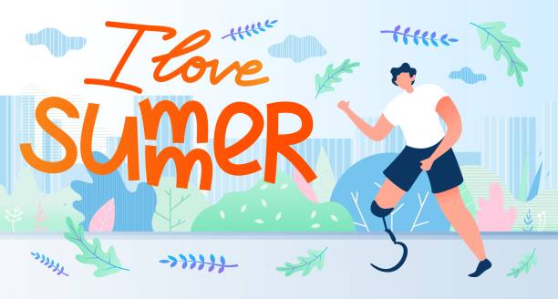 ilustrações de stock, clip art, desenhos animados e ícones de man moves on an artificial limb, i love summer. - wheelchair street happy