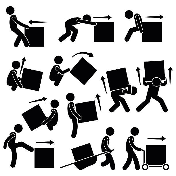 Man Moving Box Actions Postures Stick Figure Pictogram Icons A set of human pictogram representing methods and ways for a man to move a big box. This include many postures and poses such as pull, push, drag, lift, rollover, kick, and moving it with stretcher and cart. pushing stock illustrations