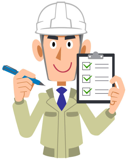Man of the engineering firm which holds a check list in a hand, helmet Man of the engineering firm which holds a check list in a hand, helmet construction worker safety checklist stock illustrations