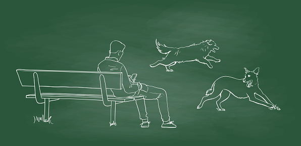 Man On Bench With Dogs Running Chalkboard
