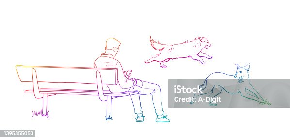 istock Man On Bench With Dogs Running Rainbow 1395355053
