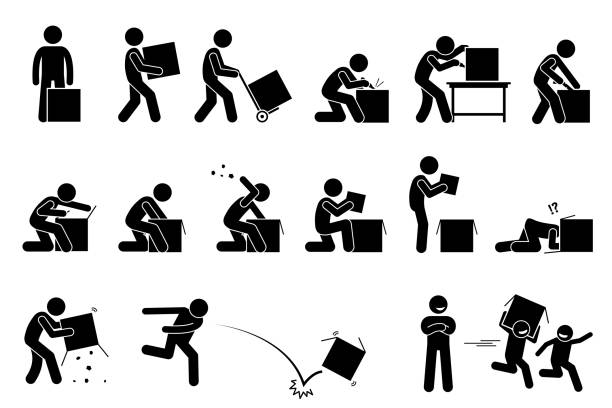 Man opening and unboxing a box. Stick figure pictogram depicts a man carrying, cutting, opening, checking, and throwing away the box. Children taking and playing with the unwanted empty box happily. carrying stock illustrations