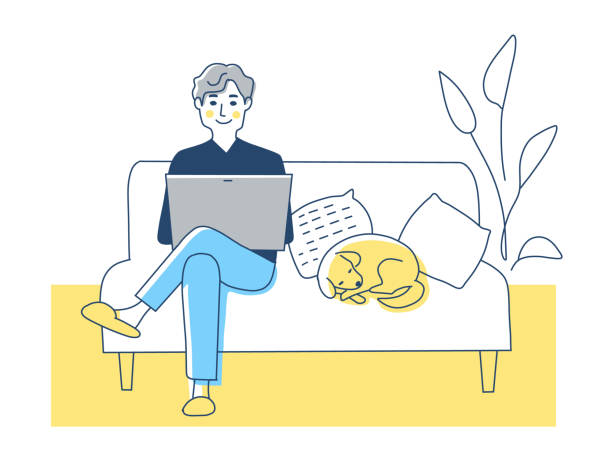 illustrazioni stock, clip art, cartoni animati e icone di tendenza di un uomo che gestisce un laptop sul divano - accavallare le gambe