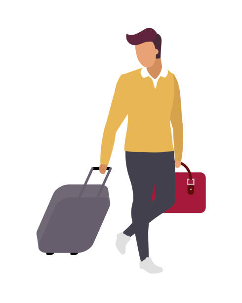 Man passenger going to business trip flat color vector faceless character Man passenger going to business trip flat color vector faceless character. Male passenger with travel bags. Traveling for business isolated cartoon illustration for web graphic design and animation airport clipart stock illustrations