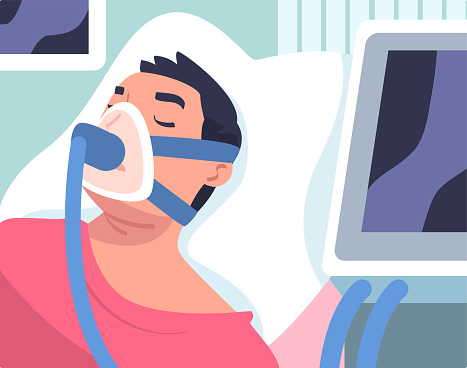 Man Patient in Hospital Having Artificial Lung Ventilation Being in Critical Condition Lying on Bed with Mask Vector Illustration