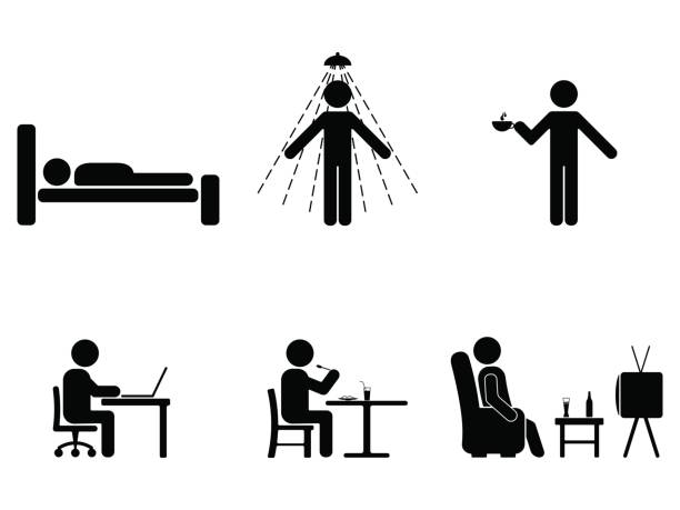 Man people every day action. Posture stick figure. Sleeping, eating, working, icon symbol sign pictogram Man people every day action. Posture stick figure. Sleeping, eating, working, icon symbol sign pictogram sleeping symbols stock illustrations