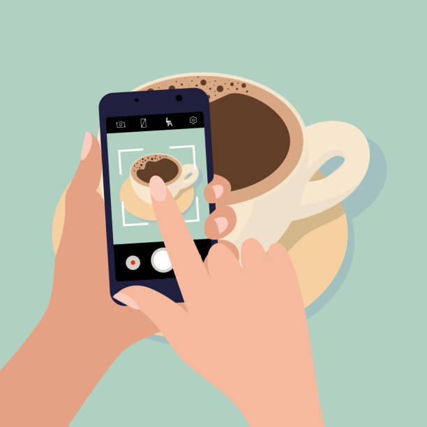 Man photographs coffee. Photo for social networks Man photographs coffee. Photo for social networks. Phone in hands. Vector illustration in flat style. drink photos stock illustrations