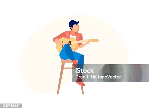 istock Man Playing Acoustic Guitar Sitting on High Chair 1212483654