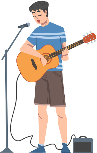 Man Playing Acoustic Guitar with Microphone, Male Musician Playing Strings at Musical Performance Cartoon Style Vector Illustration