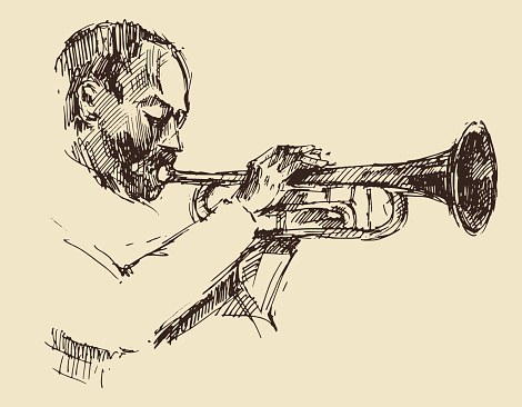 JAZZ Man Playing the Trumpet  Hand Drawn, Sketch