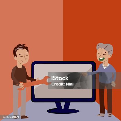 istock Man Pointing On Tv Screen. Man With Wrench Finding Issues With Device. Important Information And Fixing Program Settings. 1414868021