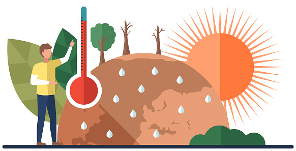 Earth global warming poster. Dried, hot, sweaty and red planet globe. Man points to thermometer measuring temperature of air and water on planet. Saving Earth and environmental care concept