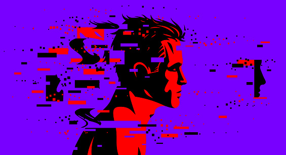 Man profile with glitch dynamic particles in motion vector illustration, mindfulness philosophical and psychological theme, neural network, technology or psychology concept.