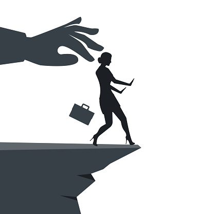 Man pushes a businesswoman with a cliff. Big hand of leader pushes subordinate employee into abyss. Standing on cliff. Danger of falling into abyss. Business challenge concept. Vector flat design.