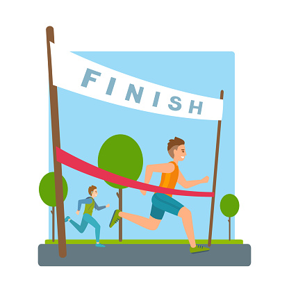 Man reaches finish, red ribbon, tape in marathon.