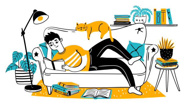 ilustrações de stock, clip art, desenhos animados e ícones de man reading book on couch. relaxed adult reads on sofa with cat at home. hand drawn reader enjoying hobby. leisure lifestyle vector concept - book cat