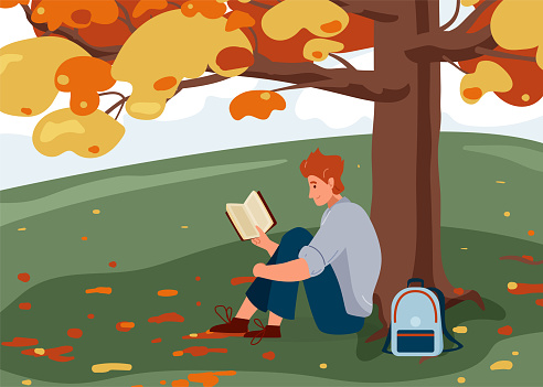 Man reading book vector background. Male character comfortable sitting on the grass under big tree with backpack and read literature. Cozy modern autumn illustration. Concept design of reader outside