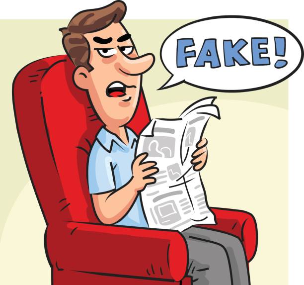 Man Reading Fake News Vector illustration of a man sitting on a comfortable chair holding a newspaper and complaining about fake news. Concept for fake news, criticism of mainstream media, journalism, dishonesty and media bias. cartoon man with complaint with speech bubble stock illustrations