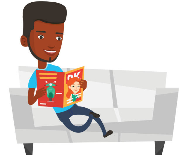 illustrazioni stock, clip art, cartoni animati e icone di tendenza di uomo che legge rivista su divano illustrazione vettoriale - young man read newspaper
