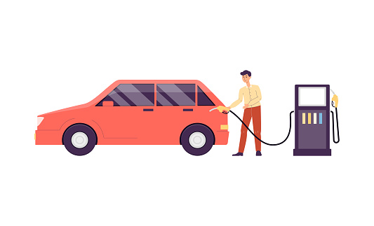 Man refueling car on gasoline station, flat vector illustration isolated.
