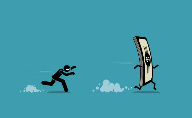 Man running and chasing after a run away money. vector art illustration