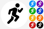 Man Running Icon. The main icon is placed on a flat blue background. It takes up the center portion of the composition and is the main focus of this vector illustration. The icon is simple and the background further emphasizes the icon shape and makes it stand out. The illustration is a 100% royalty free vector.The icon is black and is placed on a round blue vector button. The button is flat white color and the background is light. The composition is simple and elegant. The vector icon is the most prominent part if this illustration. There are eight alternate button variations on the right side of the image. The alternate colors are orange, red, purple, yellow, black, green, blue and indigo.