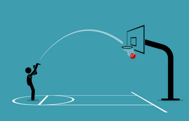 Man shooting a basketball into a hoop and scoring from free throw line. vector art illustration