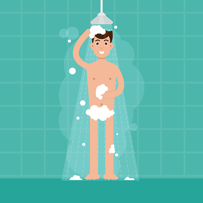 Man shower in bathroom. Vector character illustration in flat style.