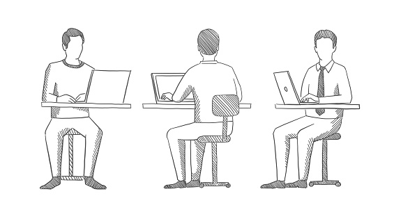 Man Sits At A Laptop Front And Back View Office People Sketch Process Of Working At,Short Wavy Hair Drawing Reference