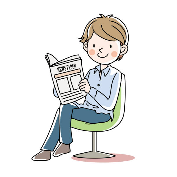 illustrazioni stock, clip art, cartoni animati e icone di tendenza di uomo seduto e leggendo un giornale - young man read newspaper