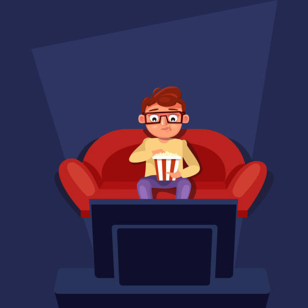 stockillustraties, clipart, cartoons en iconen met man zit op de bank tv-kijken eten popcorn - watching tv